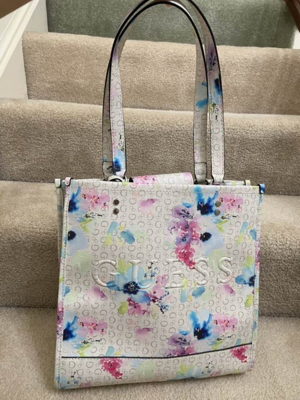Guess White Floral Logo Tote